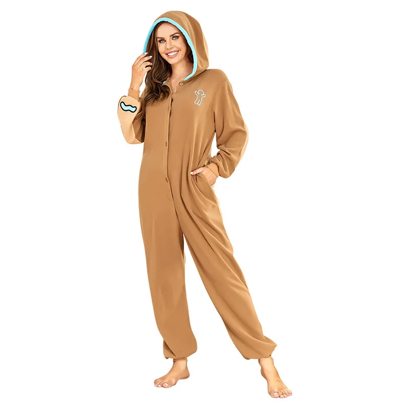 Christmas Gingerbread Man Couple Fleece One-piece Pajamas Cosplay Adult Performance Clothes Holiday Party