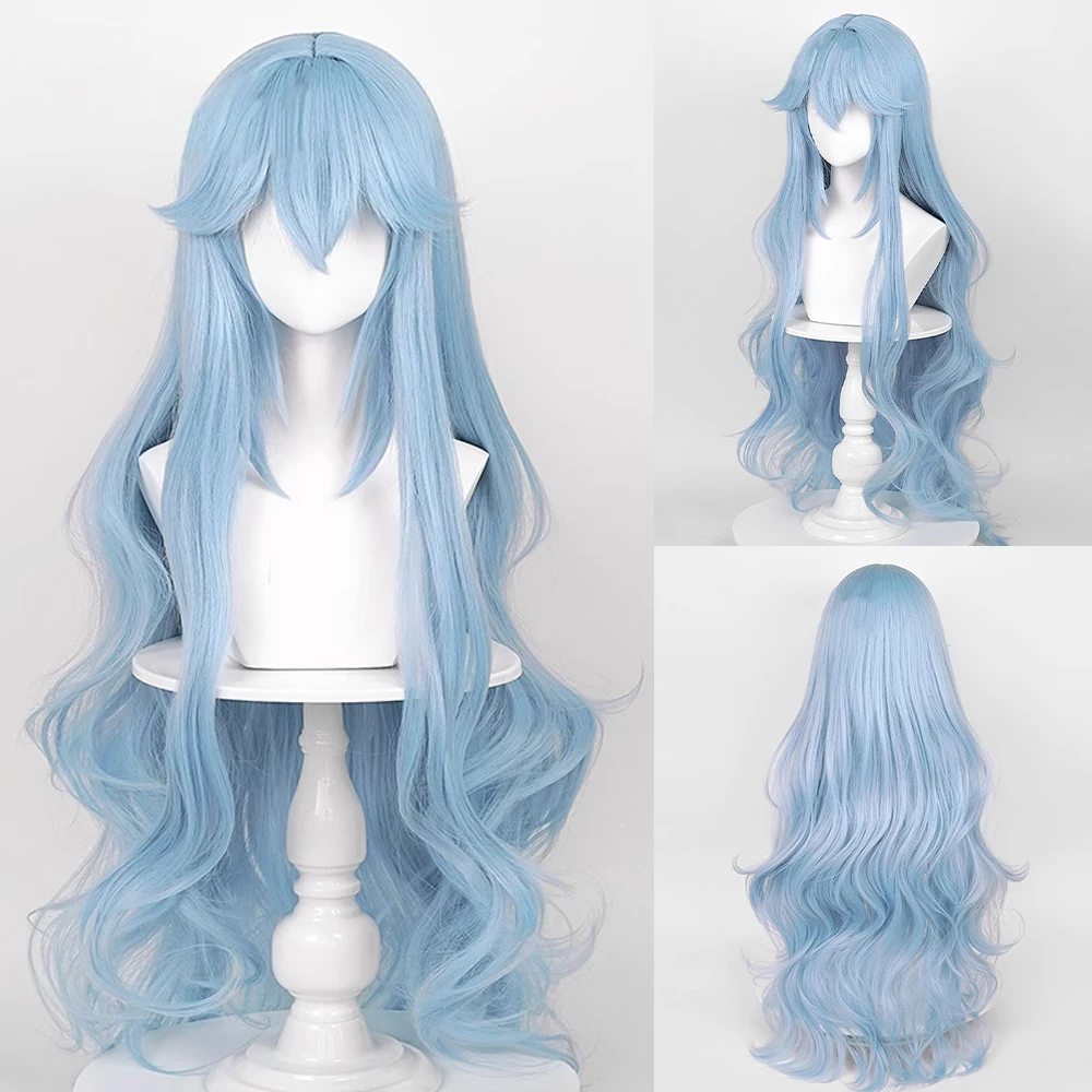 Long Wavy Synthetic Blue Women Wig with Bangs Fluffy Anime Game Cosplay Heat Resistant Wig for Daily Party