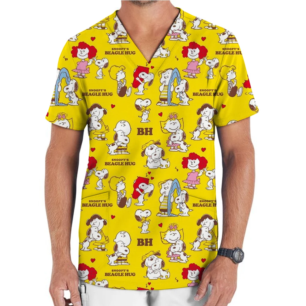 Medical uniform men's nurse Snoopy printed frosted cloth solid V-neck short sleeved shirt hospital top surgical gown men's denti