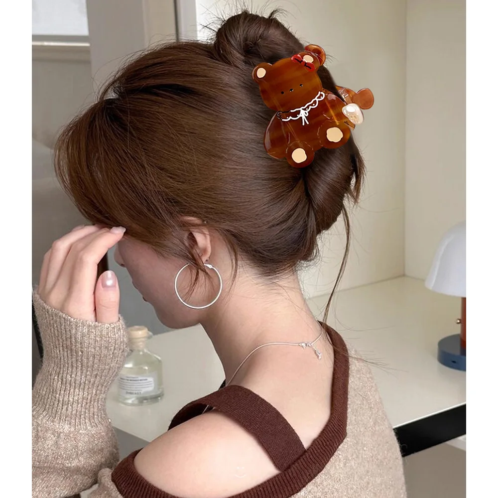 Sweet Bear Claw Clip Vinegar-infused Girly Brown and White Cartoon Cute Back of Head Shark Clip Hair Accessory for Women