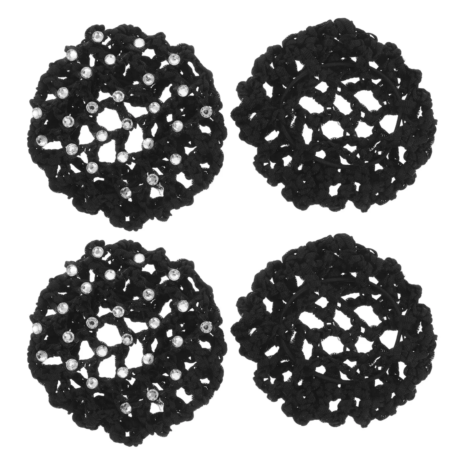 4Pcs Black Stylish Bun Hair Net for Ballet Dance Rhinestone Acrylic Hairnets Bun Covers Snood Elegant Headwear