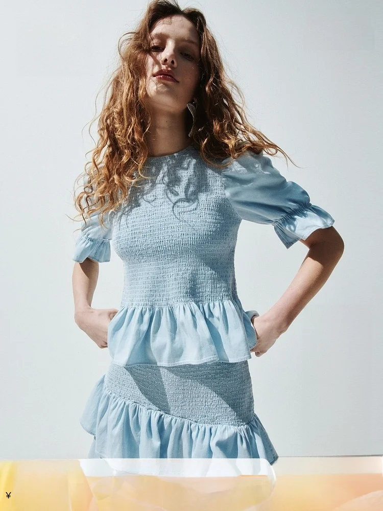 

Hm2026 Новый летний женский джинсовый топ с рюшами, хлопковый топ с короткими рукавами и круглым вырезом, повседневный стиль, модный и элегантный дизайн