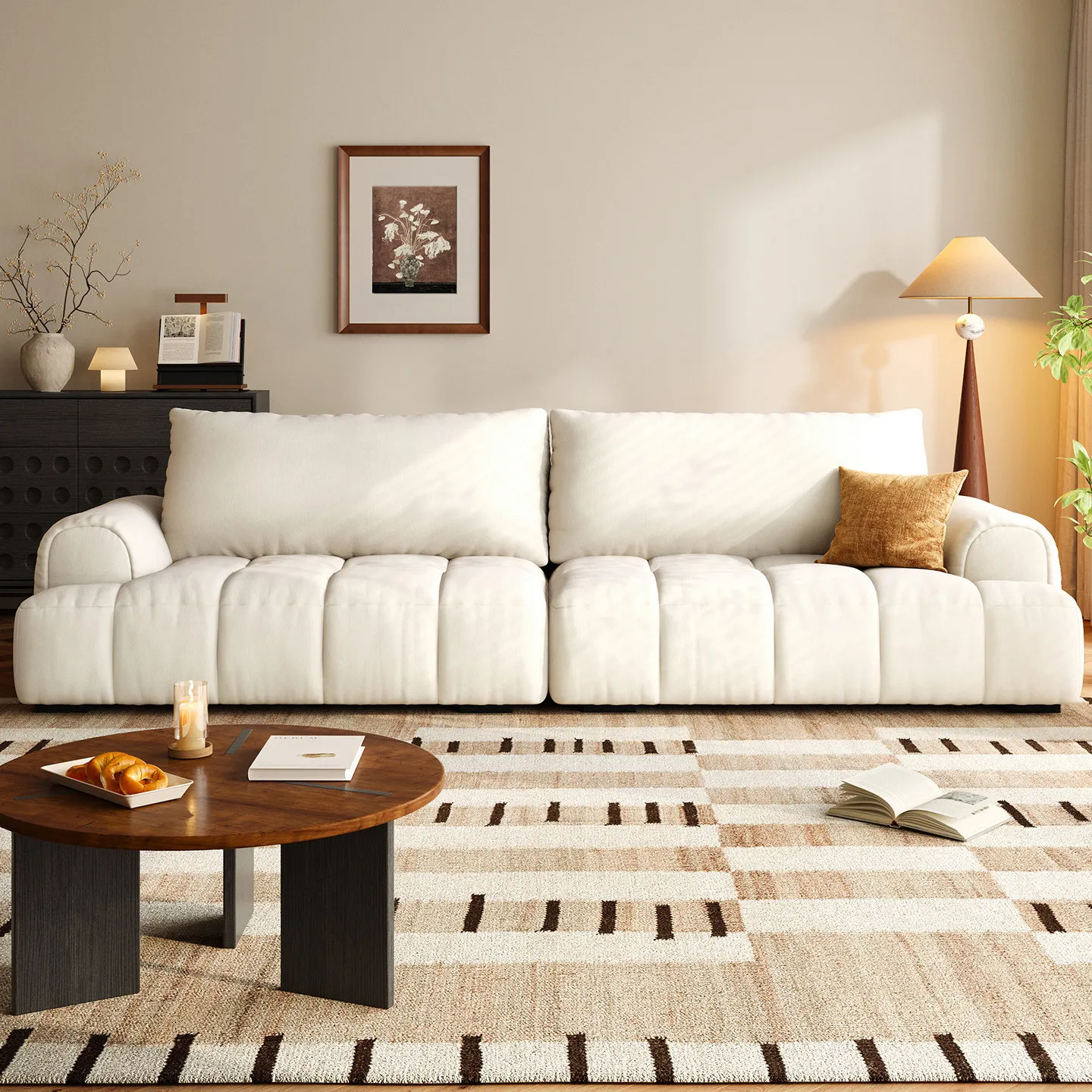 

PYJ living room small apartment modern simple cream wind puff fabric straight row sofa