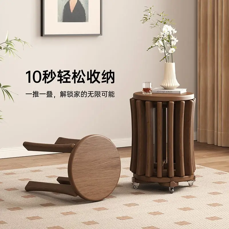 Solid wood table and stool combination, household stacking combination, spare round stool study storage