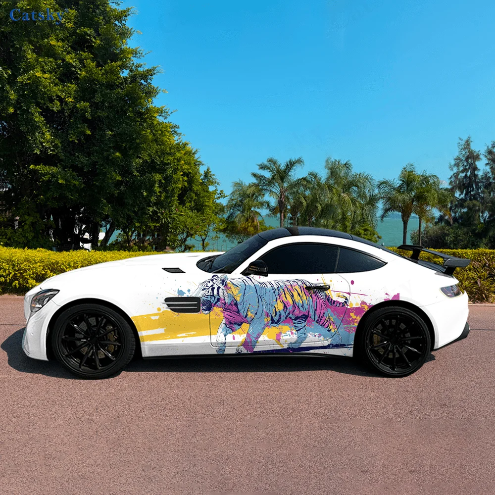 

Белый тигр цветные чернила автомобильные виниловые наклейки самоклеящаяся наклейка из ПВХ подходит для грузовиков внедорожник украшения автоаксессуары подарок