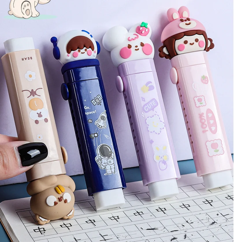 Borrador creativo de dibujos animados con mecanismo de empujar y tirar, reemplazable, telescópico, para estudiantes, útiles escolares, regalos para niños