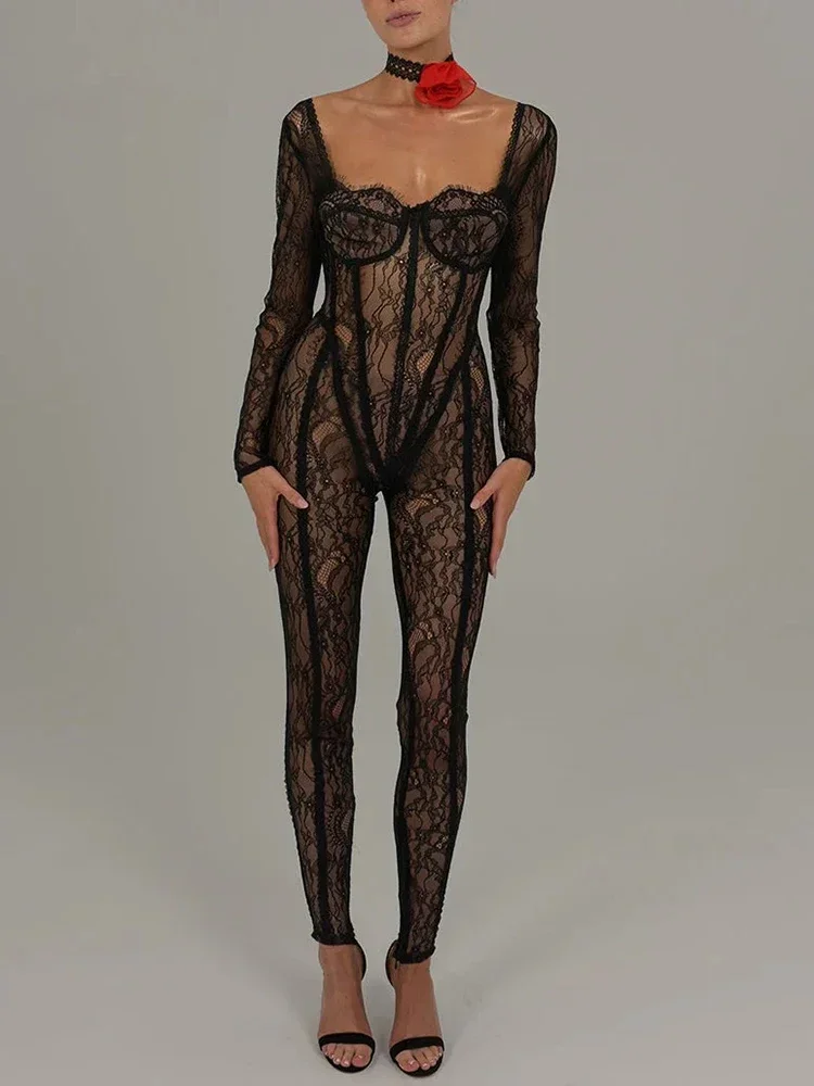 Mozision Lace See Through Long Sleeve Sexy Jumpsuit Square Collar Backless Skinny Night Club Party Jumpsuits Elegant Clothes