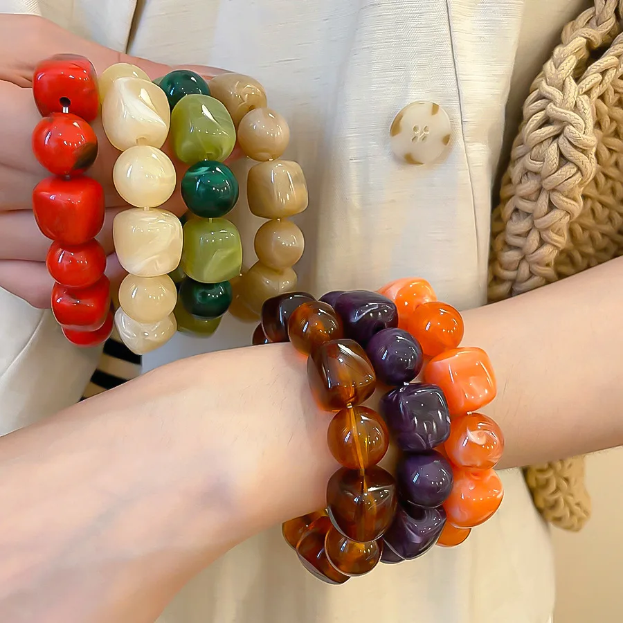 Multicolor Irregular Acrylic Beaded Bangles for Women Geometric Smudge String Bracelet Beach Vacation Style Couple Jewelry W image 5