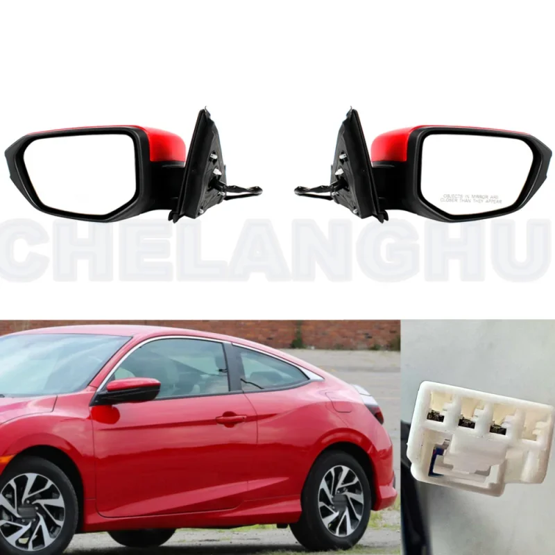 For Honda Civic 2016 2017 2018 2019 2020 2021 US version 1 Pair 3 Pins Red Painted Power Adjust Mirror Assembly