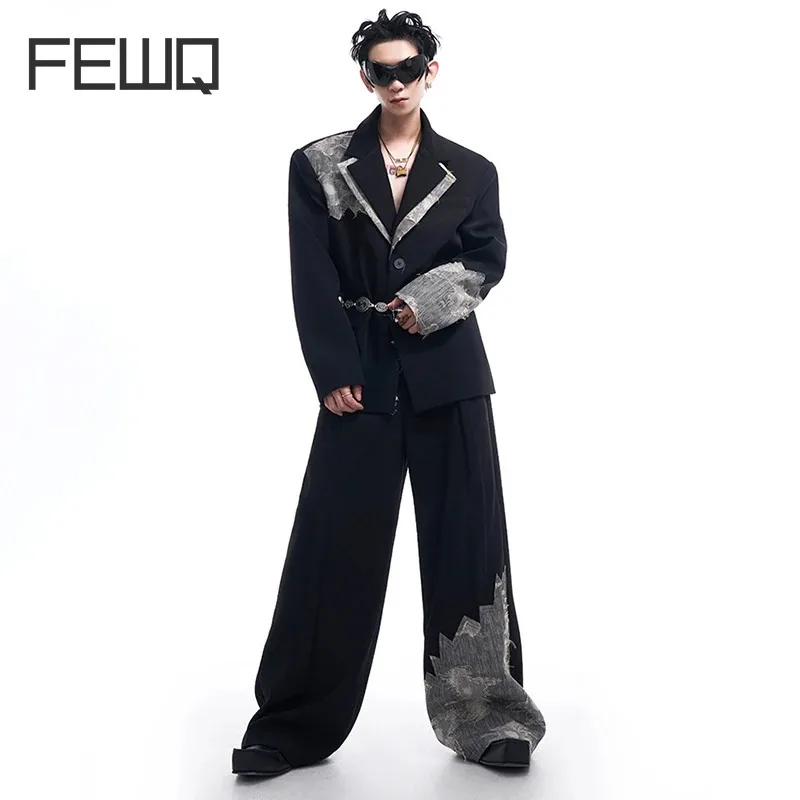 FEWQ Niche Design Men\'s Suit Two-piece Lace Patchwork Single Breasted Blazers Casual Straight Wide Leg Male Pants Autumn 24E2597