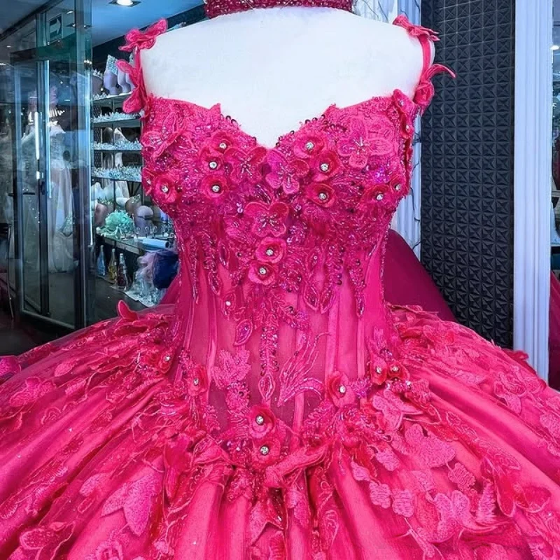 

Rose pink Quinceanera Dress off-shoulder crystal butterfly decal Long tail vestidos de 15 Quinceanera ﻿Customized