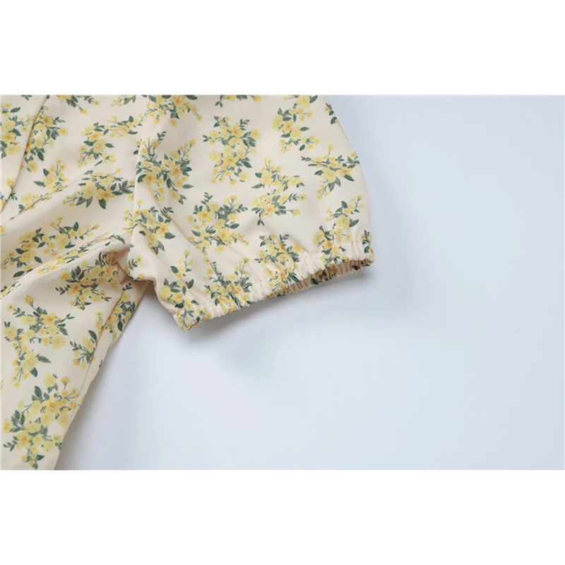 【SEE】Vestido con escote en V para mujer, vestido veraniego ajustado estampado, vestidos con cordón y mangas abullonadas