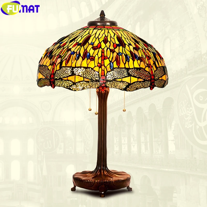 FUMAT Tiffany Style Desk Light Rose Tulip Dragonfly Wisteria Stained Glass Art Decor Table Lamp Copper Tree Frame 20 Inch Shade