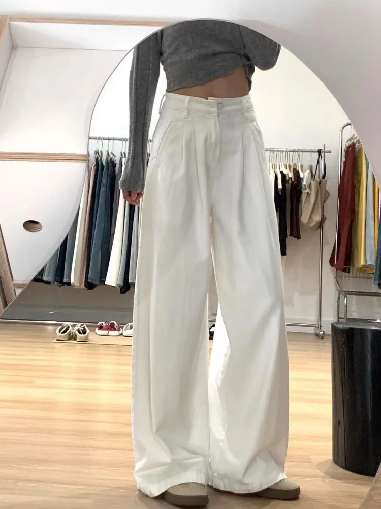 화이트 플리츠 스트레이트 레그 데님 진 여성 플러스 사이즈 하이웨이스트 슬림 힙 커버 와이드 레그 롱 팬츠 캐주얼 스타일