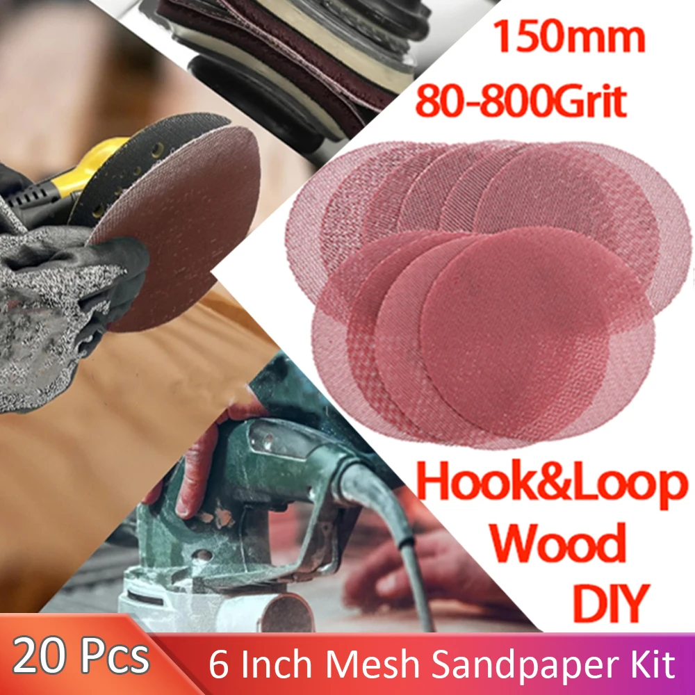 

20 Pcs 150mm 6 Inch Hook&Loop Mesh Sandpaper Set 80-800Grit Abrasive Sanding Disc For Car Woodworking Metal Furniture