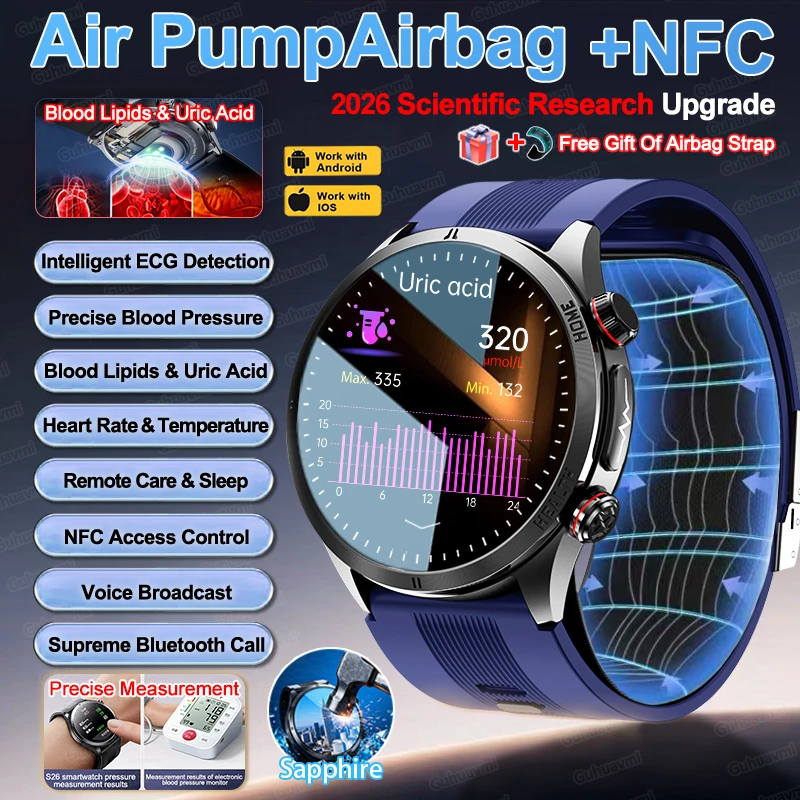 

NEW Upgrade Airbag Measurement Smart Watch ECG Air Pump Blood Pressure Blood Lipids Uric Acid Blood Oxygen NFC Smart Watches Man