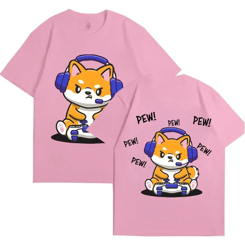 Oversized Tops Creativity Fashion Y2k Tees Double Sided Print Women Clothing Shiba Inu Playing Video Games Graphic T-Shirt 2024