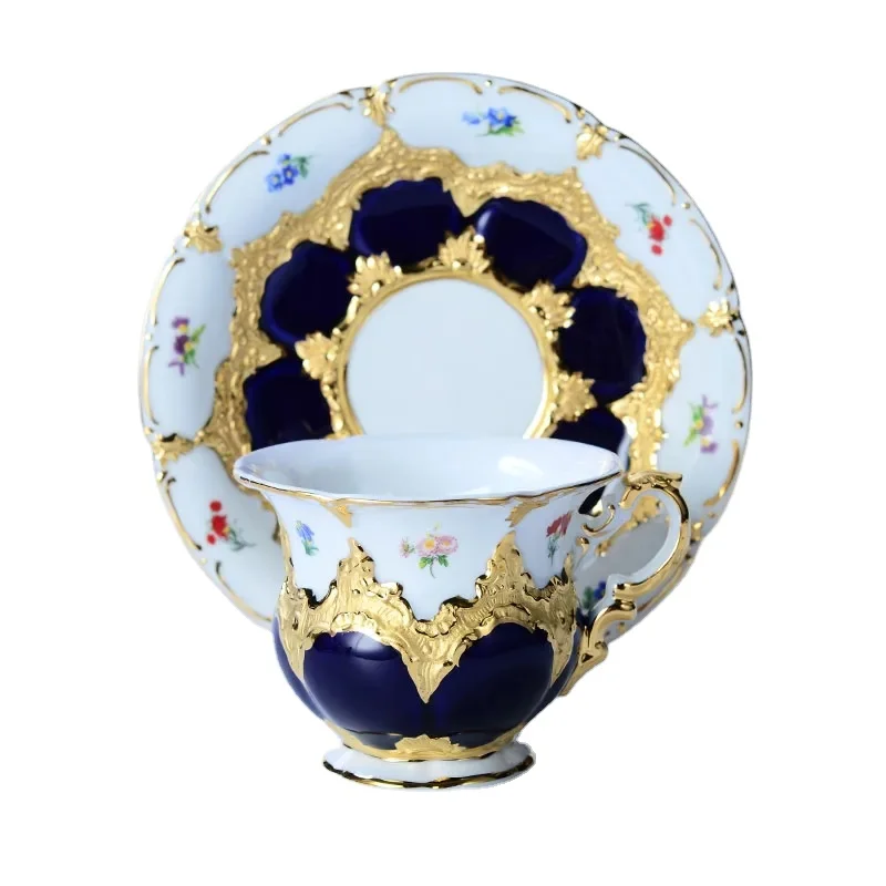 

European-Style Meijia Coffee Set Embossed Gold B- Form Cobalt Blue Tea Set Coffee Set Plate Tea Cups and Saucer Sets Coffee Cup