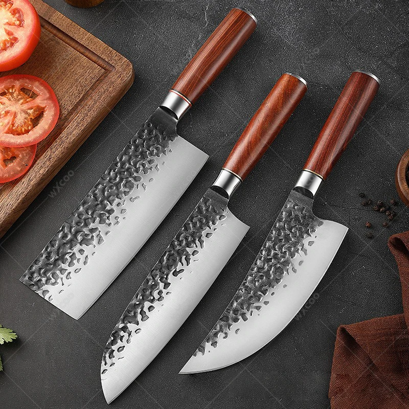 Household Kitchen Knives Hammer Forged Japanese Chef's Knife Butcher's Boning Knife Meat Cleaver with Red Sandalwood Handle