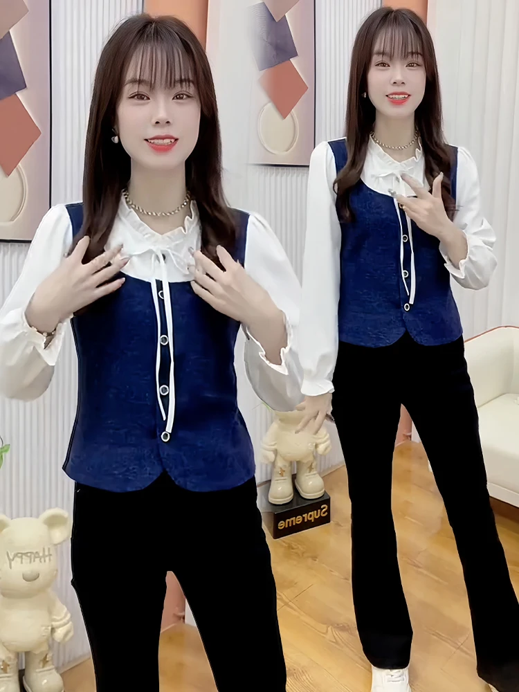 

Casual Sle Long Sve irt Women's Faionable Splice Design Fake Two-Piece Top Age-Defng Trendy Autumn New Arrival