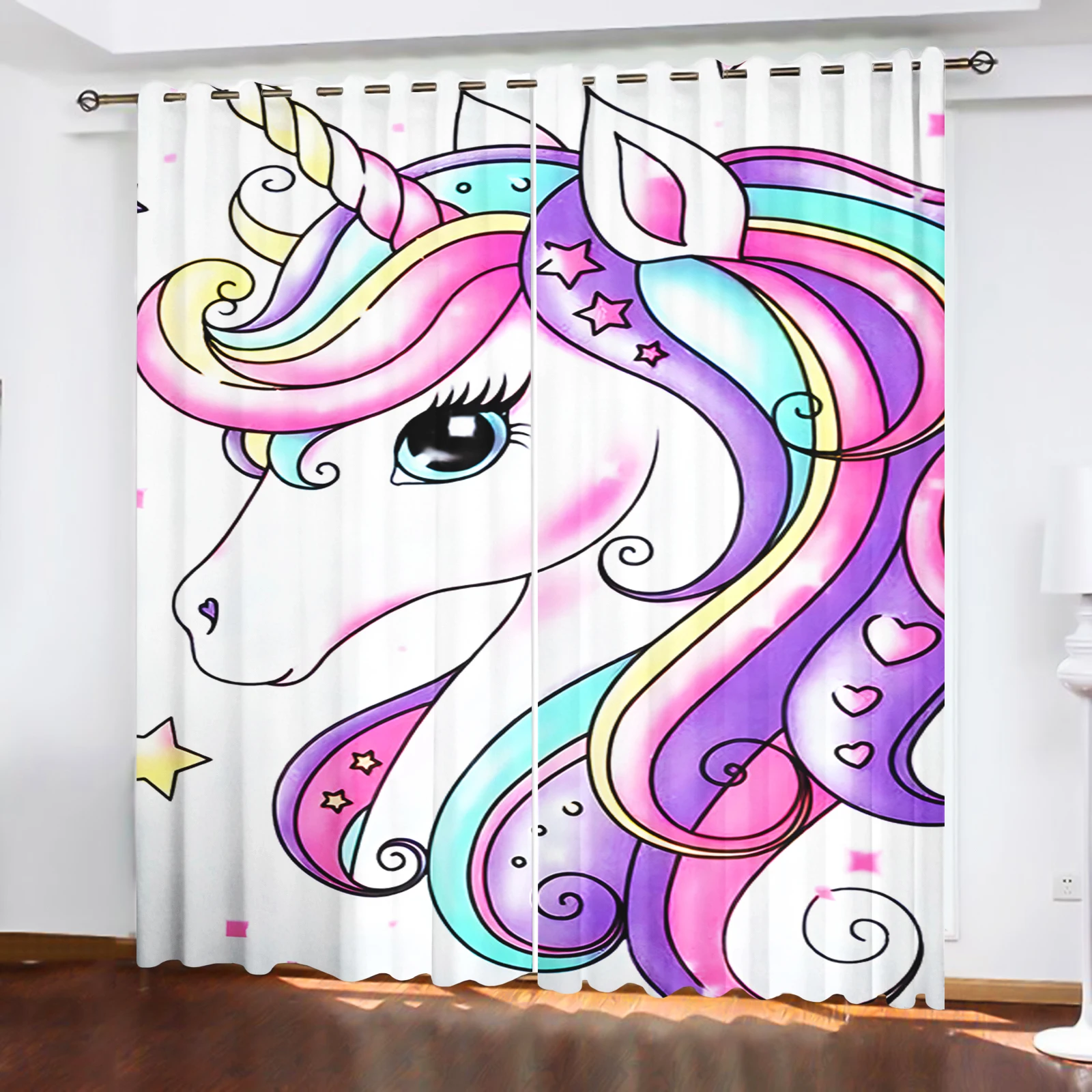 Kids Unicorn Curtains 2 Panels Pink Cartoon Star Window Drapes For Girls Bedroom Decor