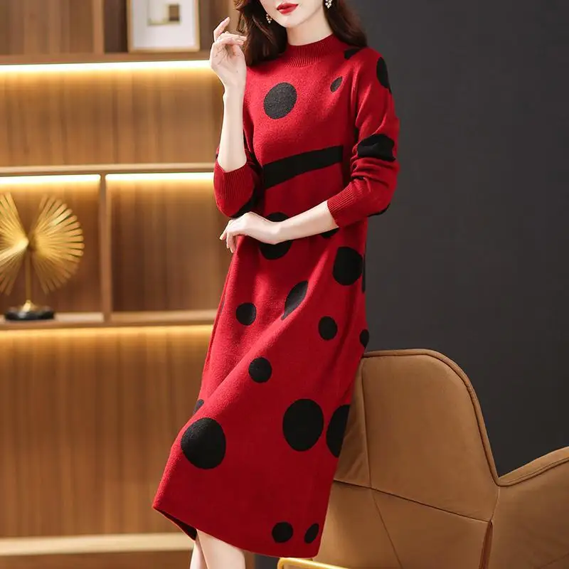 Vintage Polka Dot Printed Dresses Casual Half High Collar Autumn Winter A-Line Women\'s Clothing Long Sleeve Knitted Midi Dress