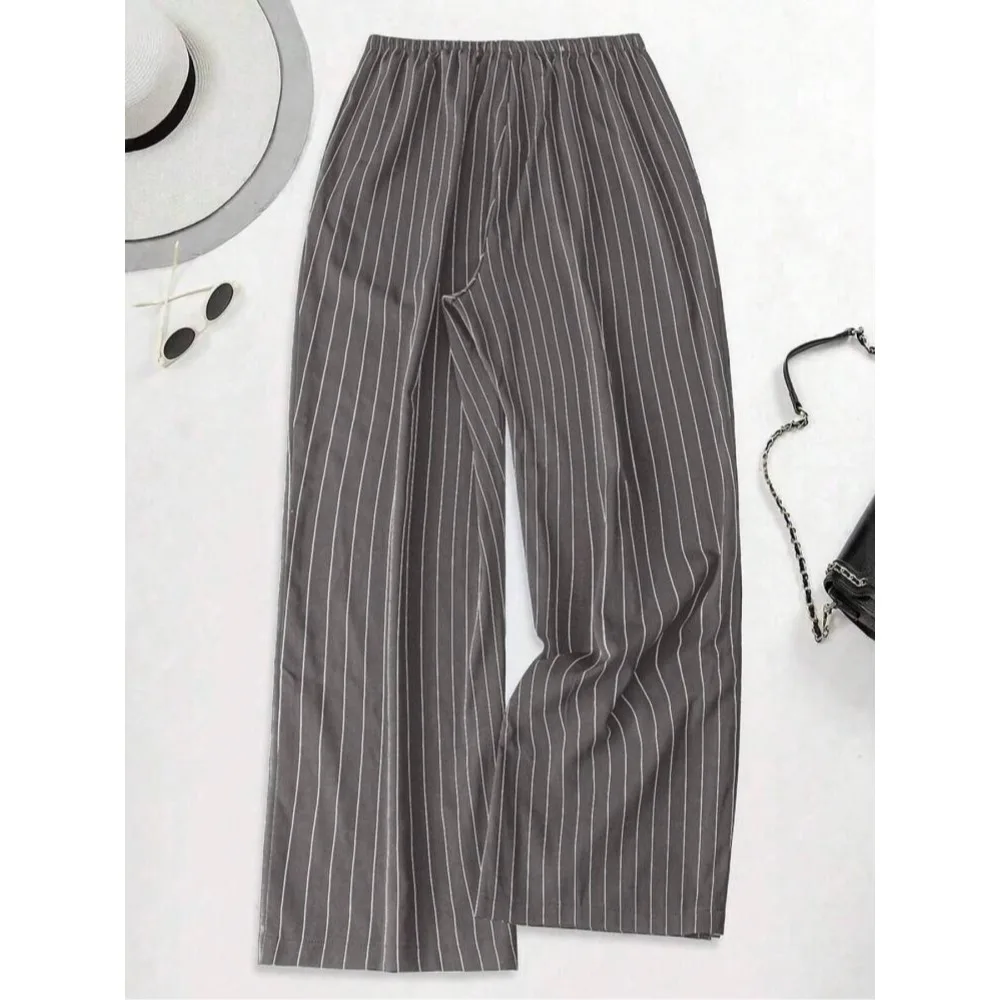 Plus Size 1XL-5XL Women's Fashion Stripe Print Pants Ladies Casul Comfortable Drawstring Waist Elastic Loose Pants