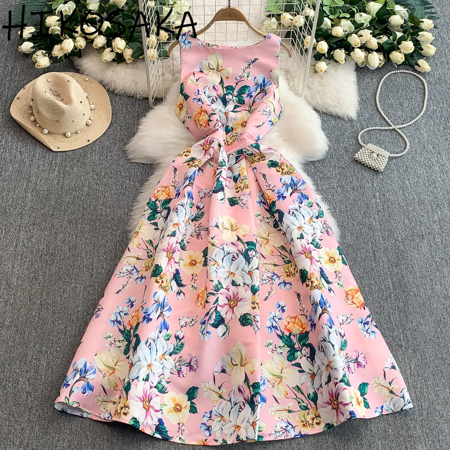 

Fresh Chic Floral Print Sleeveless Dress For Women Party French Style Elegant High Waist Bodycon Robe Summer Gown Ball Vestidos