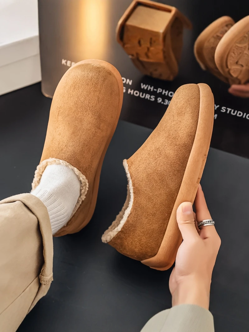 Men's Winter Cotton Slippers Indoor Home Anti-slip Fleece-lined Slip-On Warm Large Size  Covered Toe Cotton Shoes