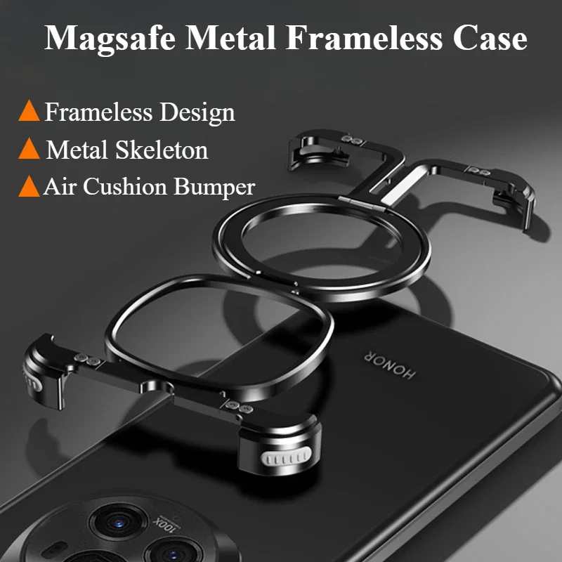 Oatsbasf for Honor Magic 6/6 Pro Phone Case with Ring Stand Slim Magnetic Metal Frameless Protective Cover Aluminum Alloy Bumper