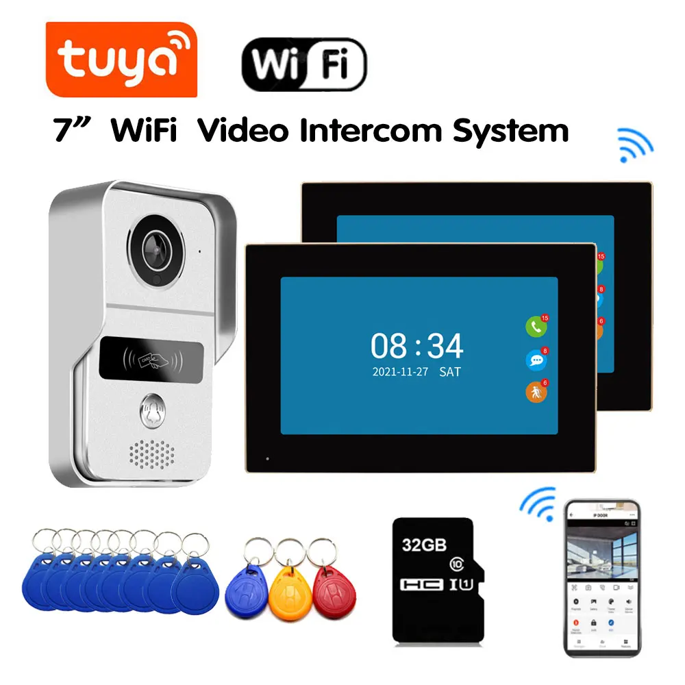 Smart 7 Inch Monitor WiFi Tuya Video Doorbell Outdoor Door Bell Waterproof IP65 Intercom Inductive Card Unlock Door Phone Camera