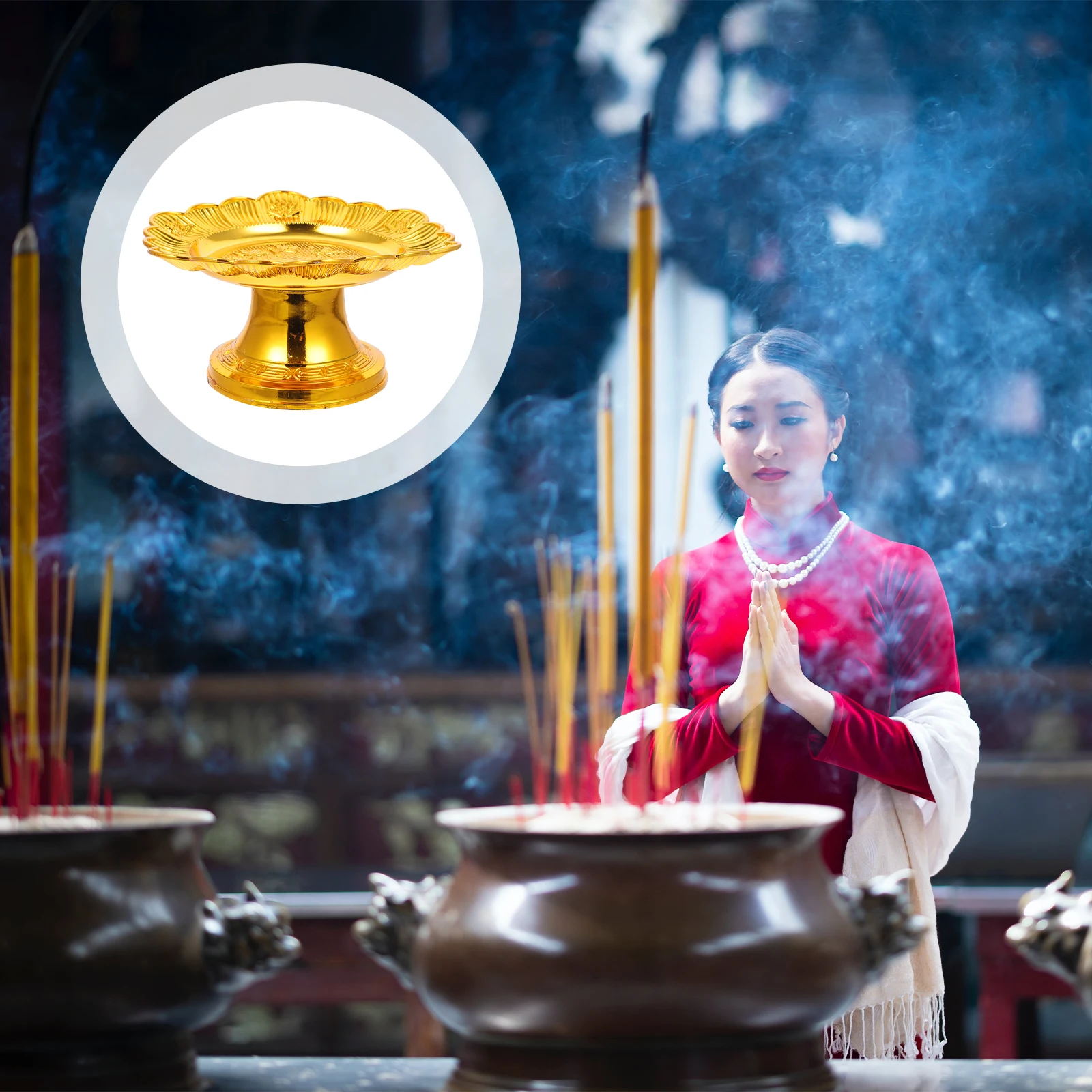 

2Pcs Buddhist Plate Lotus Design Religious Style Secure Base for Buns Fruits Nuts Beans Cake Stand Dessert Display Tray