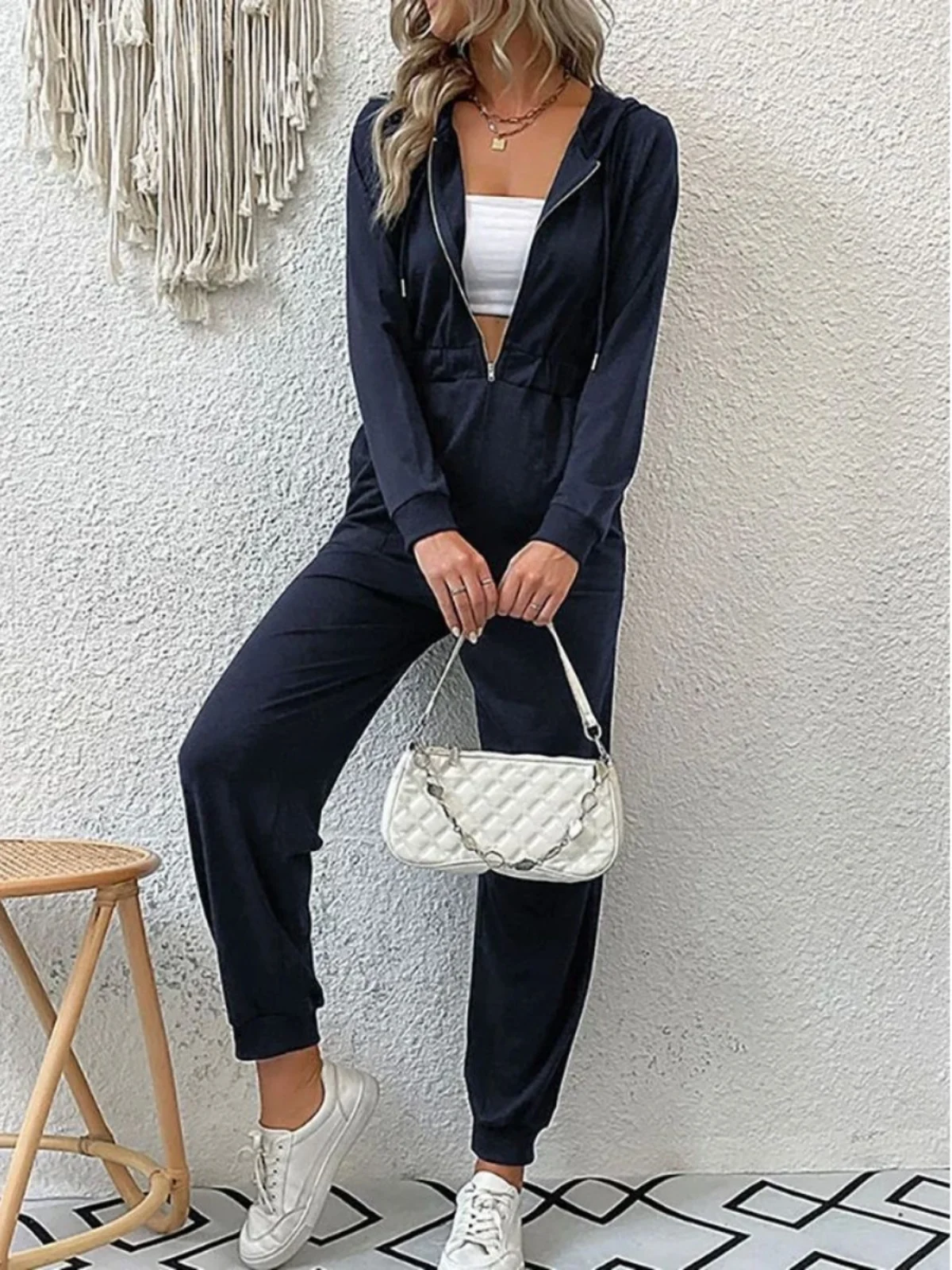 

Women's Hooded Long Sve Sports Jumpsuit High Waist Polyester Fiber Casual Pants Sl Inteated Design Summer 2024