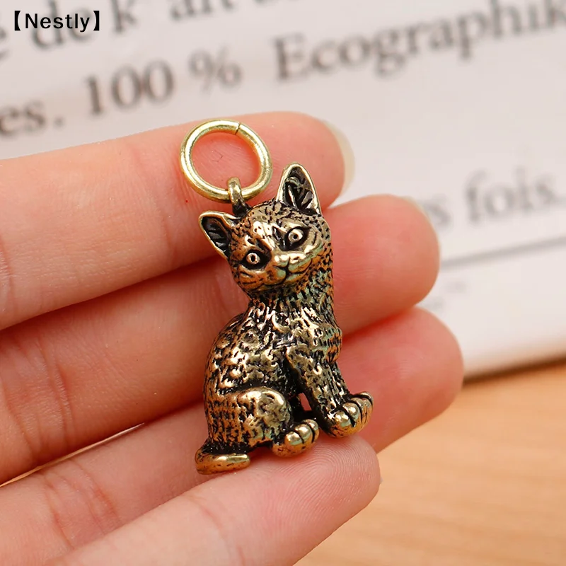 1PC Fashion Retro Pure Copper Cat Keychain DIY Hanging Accessories Jewelry Cute Keyring Pendant〔Nest〕