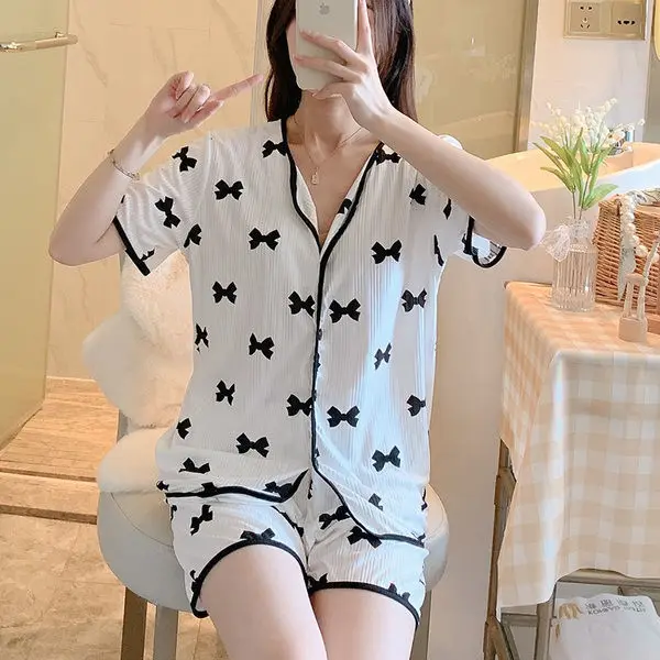 New Cartoon Pajamas Set Women Long Pants Short Sleeved Summer Spring Loungewear Female 3 PCS Home Clothing Sweet Girls Sleepwear