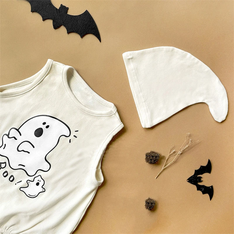 Halloween Ghost Baby Romper Adorable Infant Hallowmas Clothing Vest Hat 2pcs Sets Toddler Small Children Cosplay Costumes