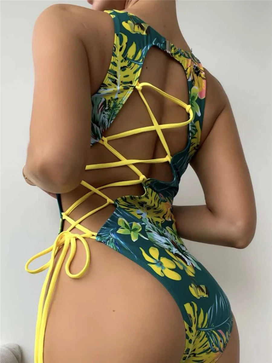 

Lace Up Back Swimsuit 2025 One Piece Printed Swimwear Women Sexy Backless Bathing Swimming Suit Female Padded Beachwear Bodysuit