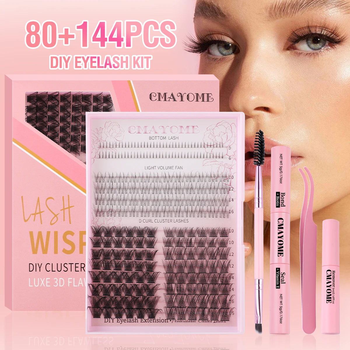 

DIY Cluster Eyelashes Kit Fluffy Soft D-Curl Lashes 4 Styles Natural Eyelash 10-16mm Mixed Lashes With Gule&Seal Remover Kit