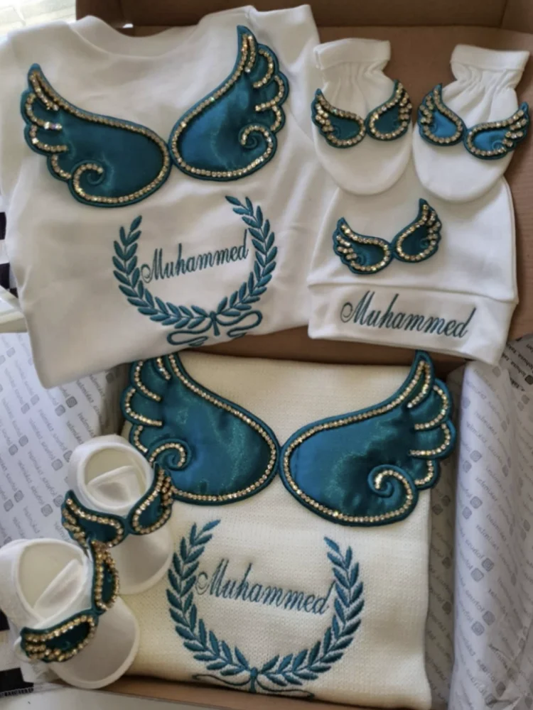 Dollbling Hospital Exit 5pcs Embroidery Name Newborn Angle Wings Romper Blanket  Nursery Bedding Swaddle Handmade Infant Outfit