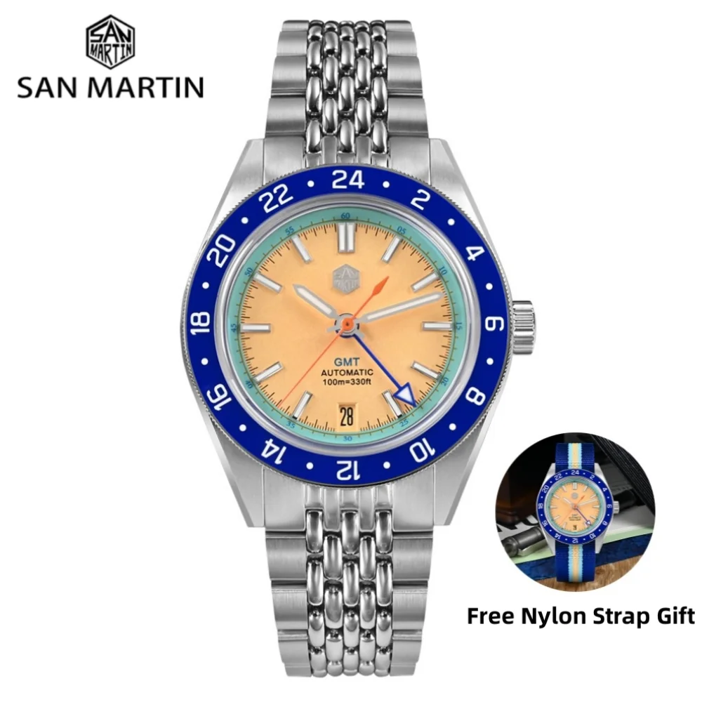 

San Martin Original Design 39.5mm Men Automatic NH34 Watch GMT Swim Wristwatch Waterproof 10Bar Limited Edition часы SN0116-3