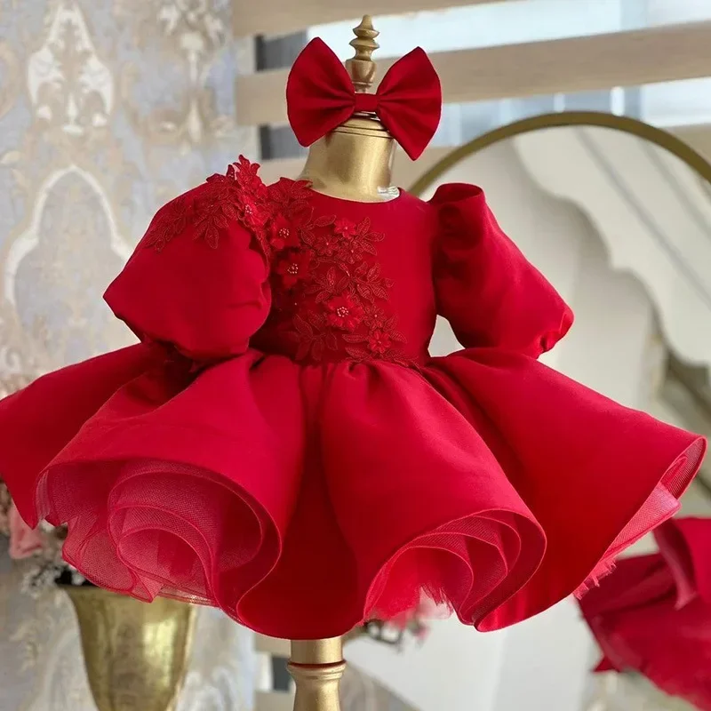Prom Dress for Kids Girl Wedding Festival Ball Formal Eid Clothes Bubble DressES Appliques Flower Sleeves Celebration Princess