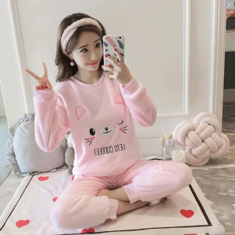 

Autumn and Winter Thickened Warm Coral Velvet Women Sleepwear Long Sleeve Plus Size Loose Solid Bear Print Pyjamas Homewear