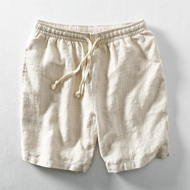 Calção casual de linho algodão masculino, confortável calça listrada com cordão, fina praia, respirável, feriado, cor vendida, verão