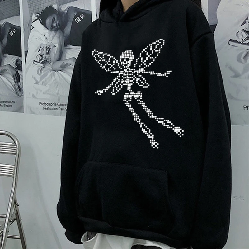 Hooded Sweatshirt Women Butterfly Gothic Skull Print Casual Oversize Hip-hop Couple Streetwear Pullovers Women Sweatshirt