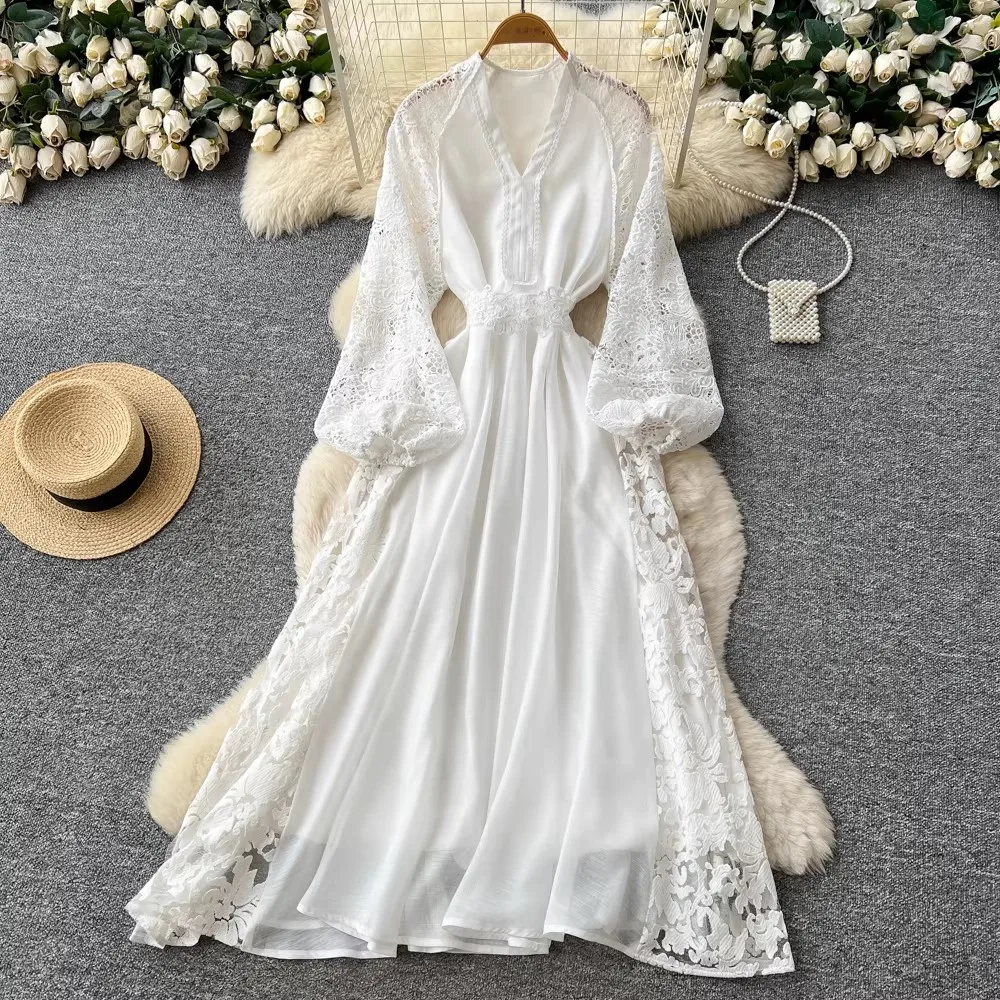 

Fashion Women's Elegant Dress V-neck Hollow Out Flower Embroidered A-line Long Evening Party Dresses 2026 Spring New