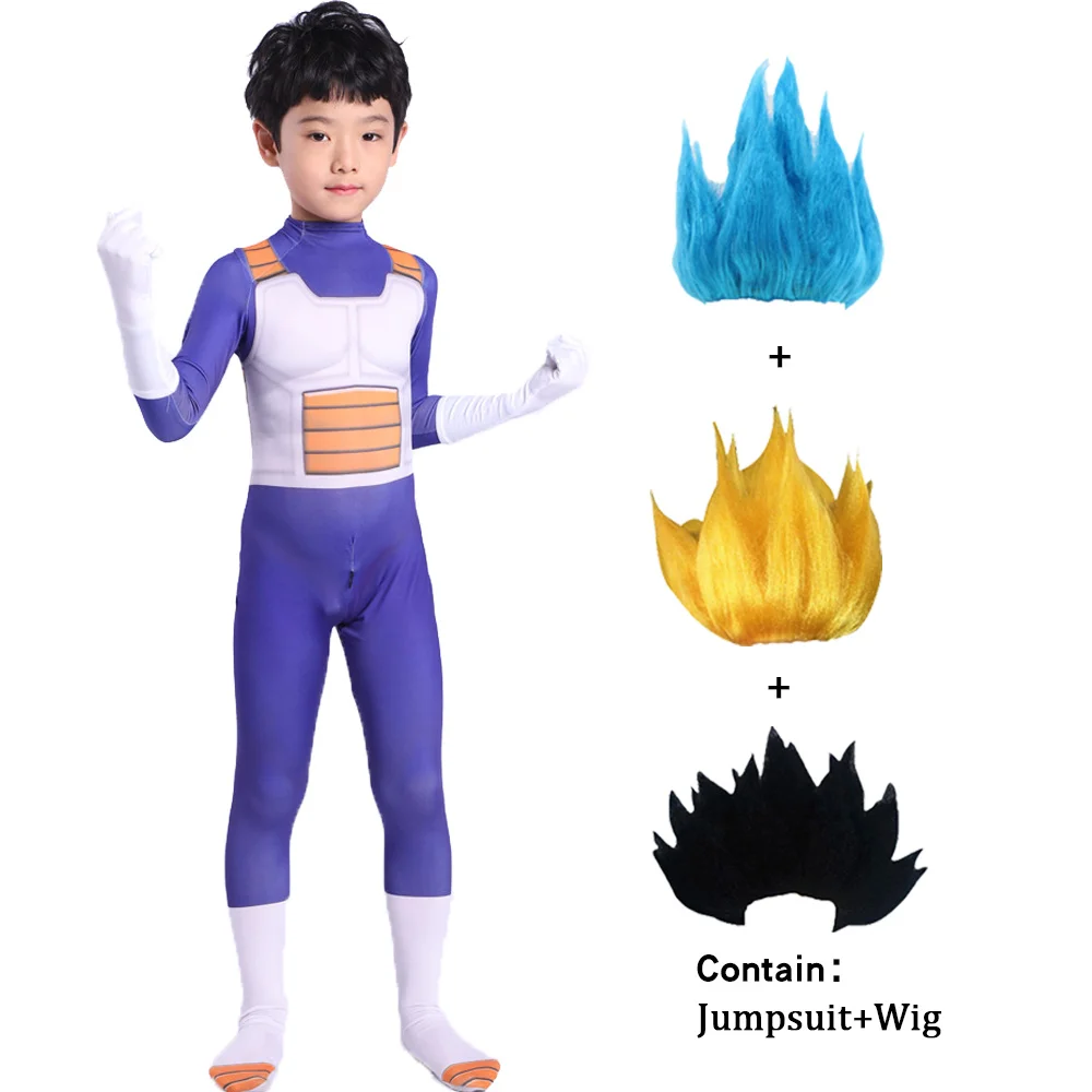 Disfraz de Anime para bebés y adultos, traje de Vegeta, mono de superhéroe de Halloween, guantes adjuntos, pelo dorado y negro, regalo de fiesta de