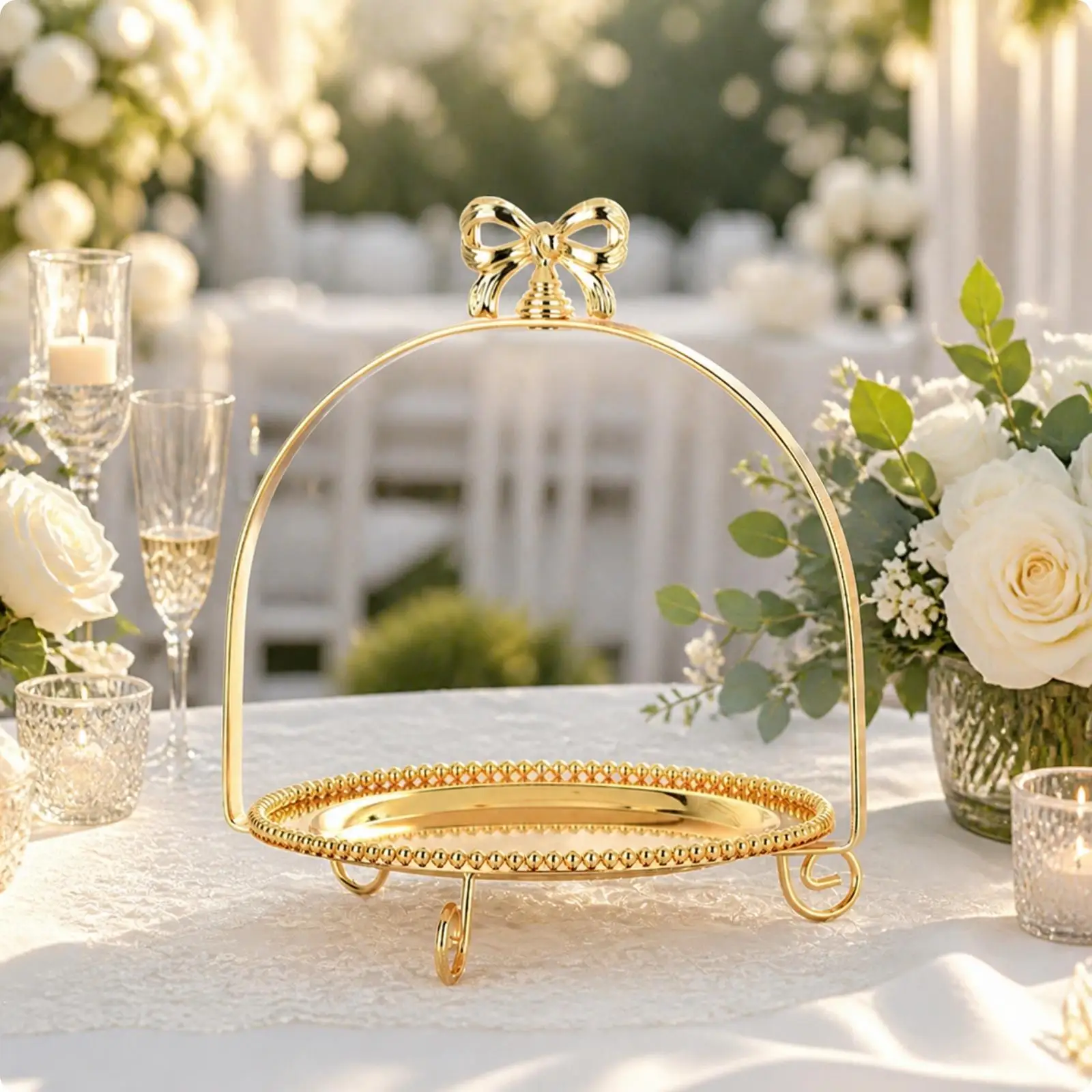 Metal Cake Display Stand Gold Finish with Decorative Bow and Curled Legs for Buffet Dessert Table Arrangement