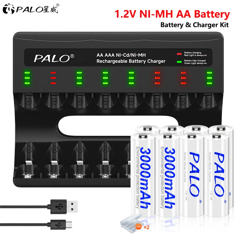 

1.2V AA NI-MH Rechargeable Battery 3000mAh Low Self Discharge AA Batteries for Camera toys flashlight Control + 8 Slots Charger