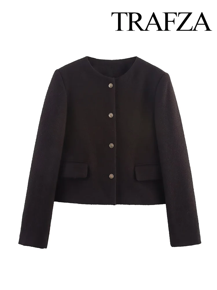 

TRAFZA Women's Autumn Fashion Tweed Jacket Round Neck Short Woolen Jacket Female Temperament Fragrant Breeze Casual Coat Mujer