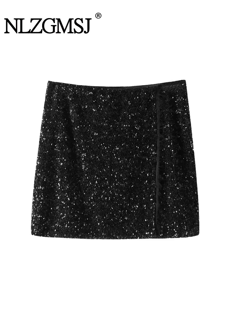 

Nlzgmsj TRAF 2024 Black Mini Sequin Skirt Women Korean Sexy High Waist Slim A-Line Short Skirt With Paillettes Party Skirt